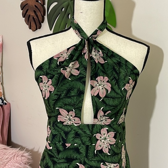 Topshop Green Hibiscus Floral Halter Neck Cutout Sleeveless Midi Dress size 10 - Picture 8 of 14